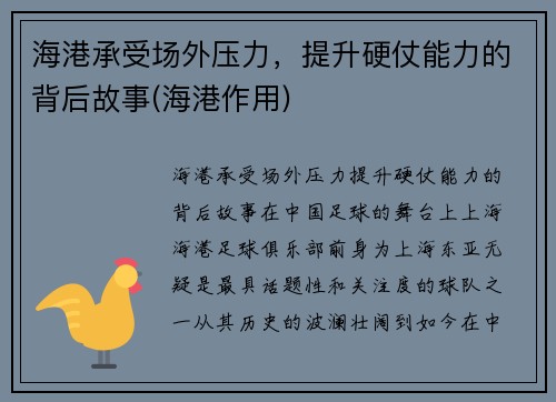 海港承受场外压力，提升硬仗能力的背后故事(海港作用)