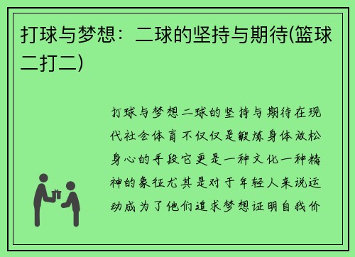 打球与梦想：二球的坚持与期待(篮球二打二)