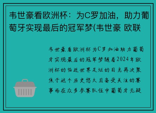韦世豪看欧洲杯：为C罗加油，助力葡萄牙实现最后的冠军梦(韦世豪 欧联杯金靴)
