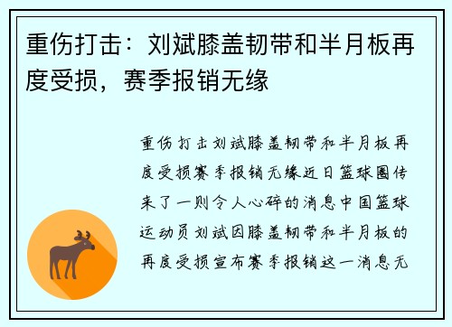 重伤打击：刘斌膝盖韧带和半月板再度受损，赛季报销无缘