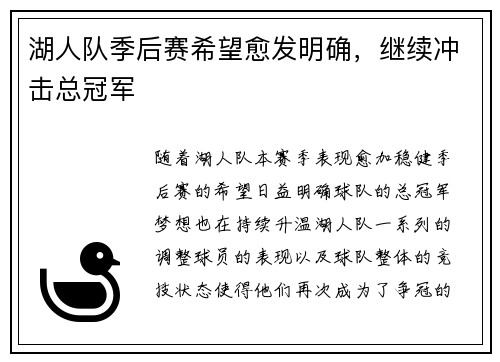 湖人队季后赛希望愈发明确，继续冲击总冠军