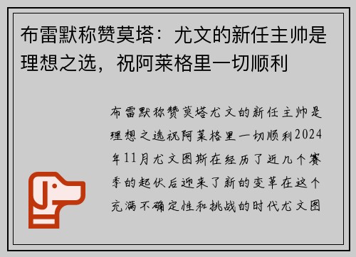 布雷默称赞莫塔：尤文的新任主帅是理想之选，祝阿莱格里一切顺利