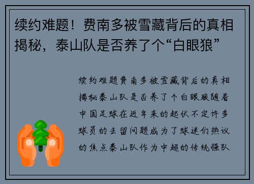 续约难题！费南多被雪藏背后的真相揭秘，泰山队是否养了个“白眼狼”？