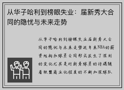 从华子哈利到榜眼失业：届新秀大合同的隐忧与未来走势