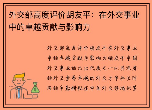 外交部高度评价胡友平：在外交事业中的卓越贡献与影响力