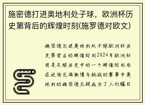 施密德打进奥地利处子球，欧洲杯历史第背后的辉煌时刻(施罗德对欧文)