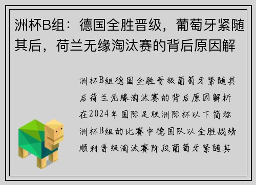 洲杯B组：德国全胜晋级，葡萄牙紧随其后，荷兰无缘淘汰赛的背后原因解析