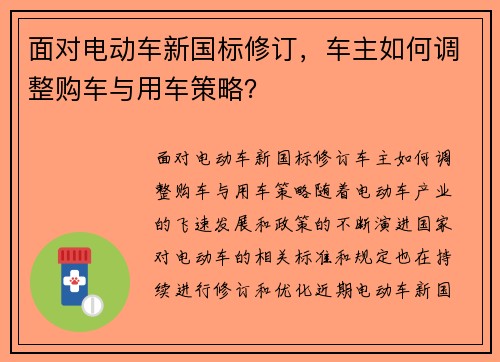 面对电动车新国标修订，车主如何调整购车与用车策略？