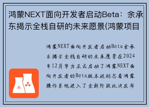 鸿蒙NEXT面向开发者启动Beta：余承东揭示全栈自研的未来愿景(鸿蒙项目)